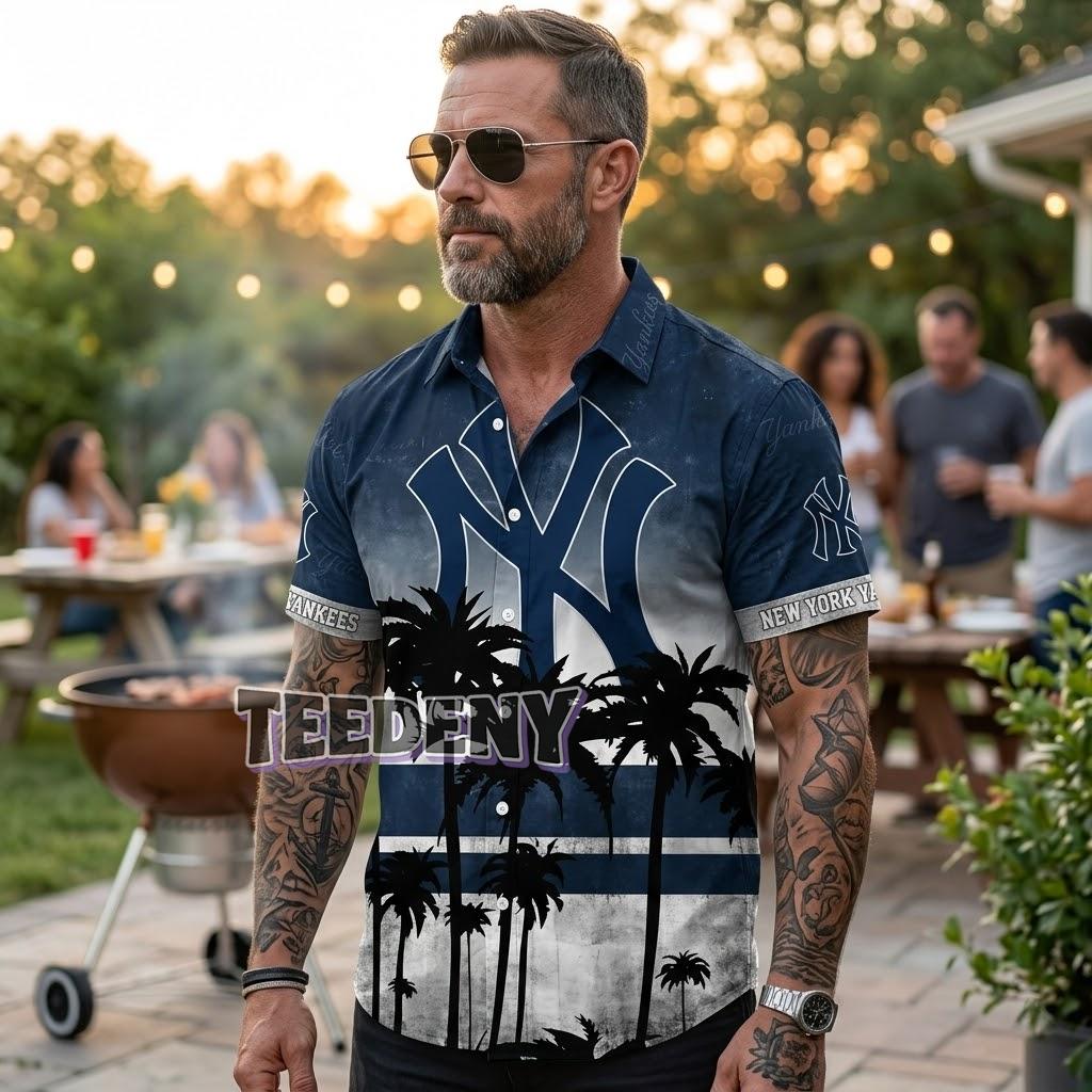 New York Yankees Gradient Nightfall Hawaiian Shirt Front