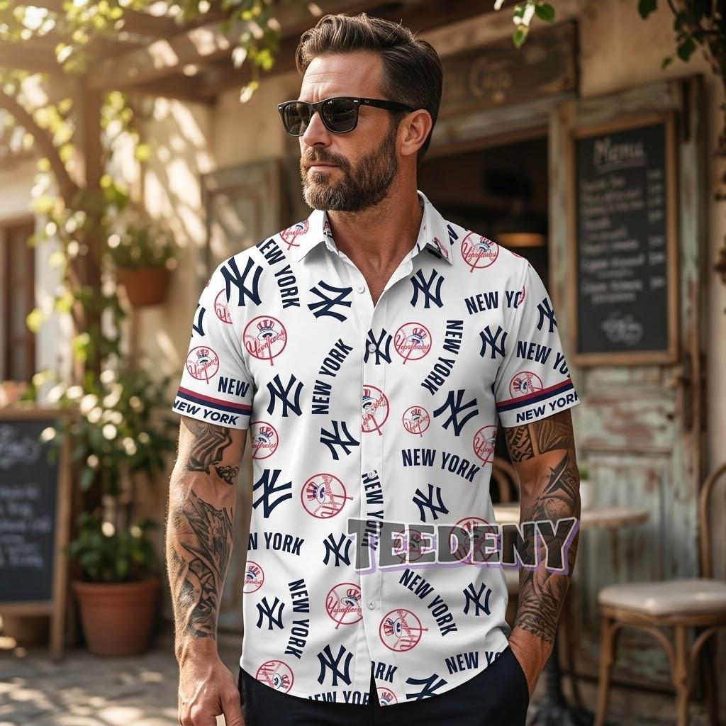 New York Yankees Logo Repeat Hawaiian Shirt Front