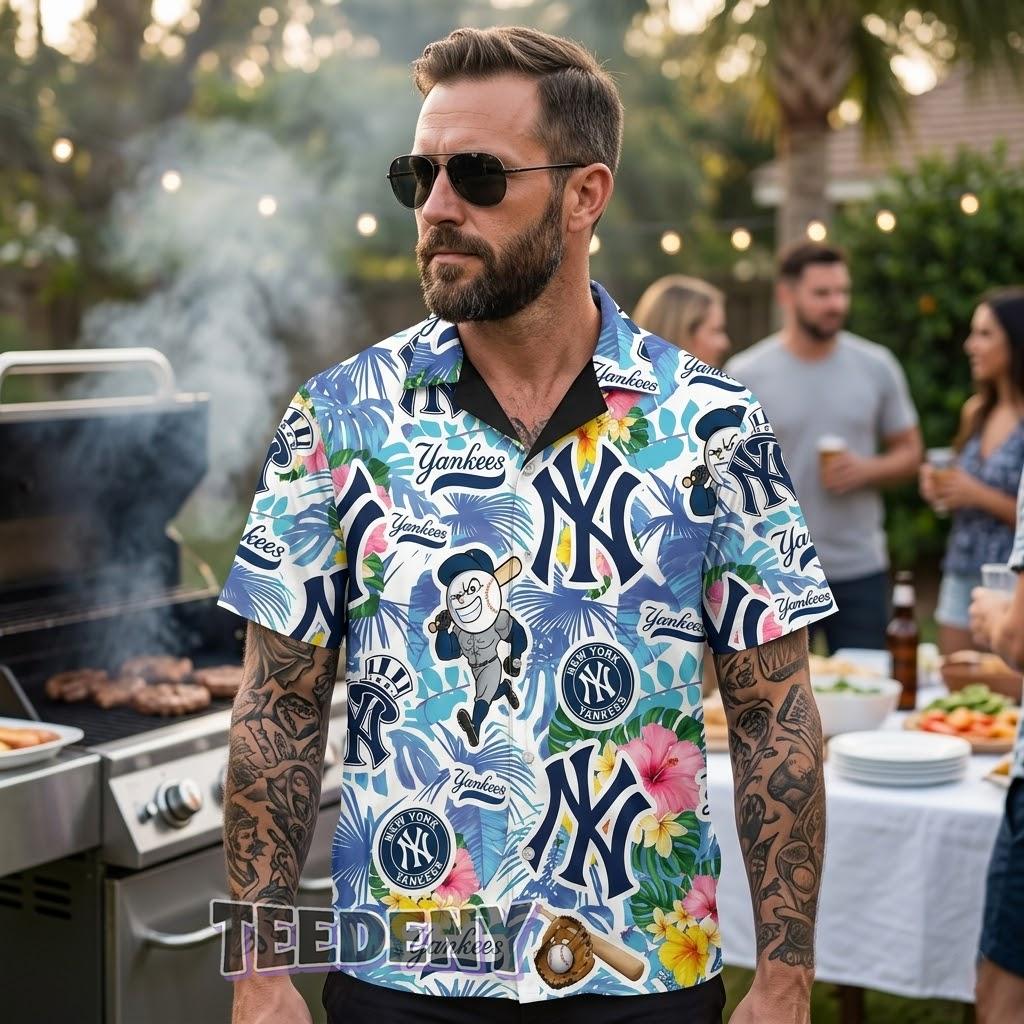 New York Yankees Mascot Floral Hawaiian Shirt Front