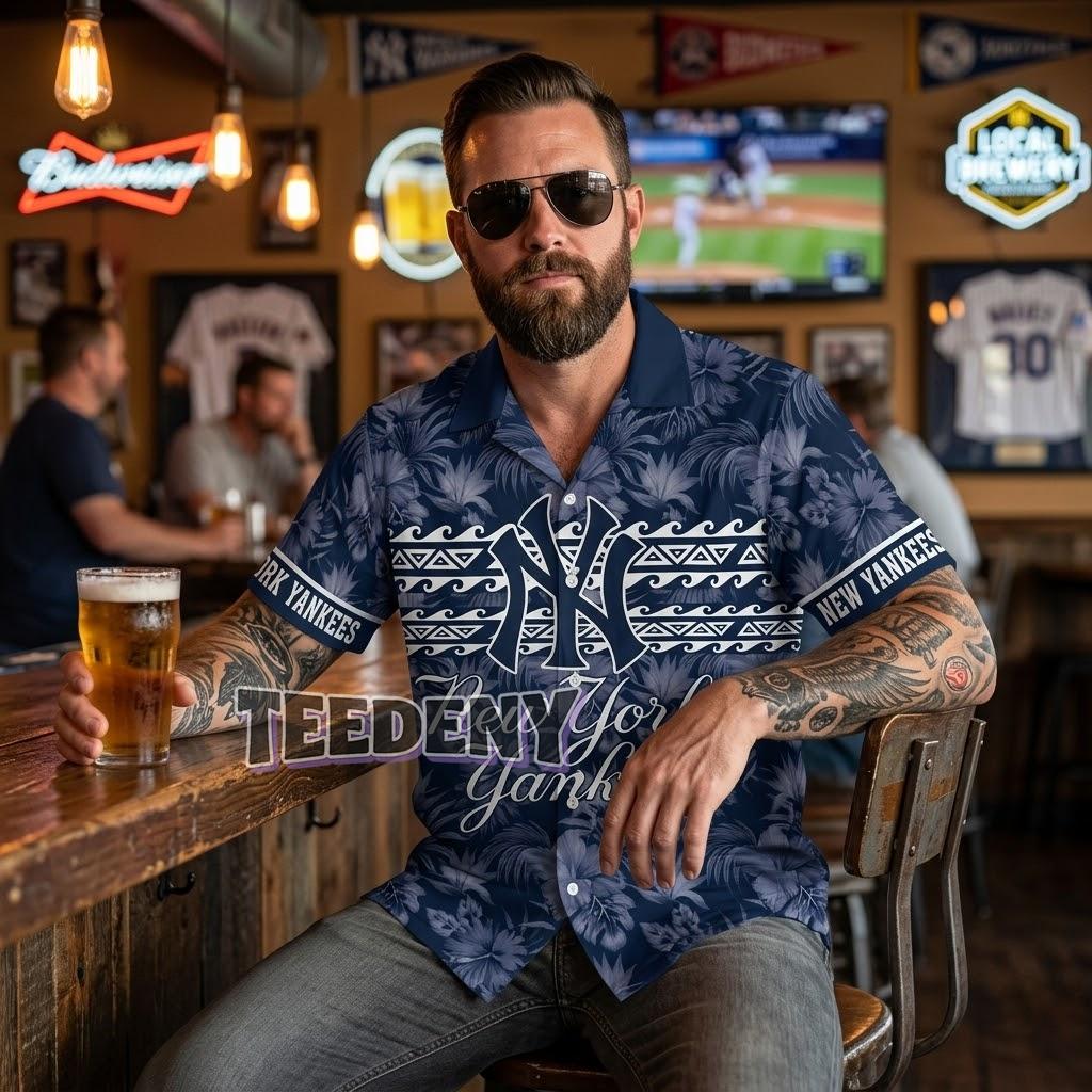 New York Yankees Polynesian Stripe Hawaiian Shirt Front