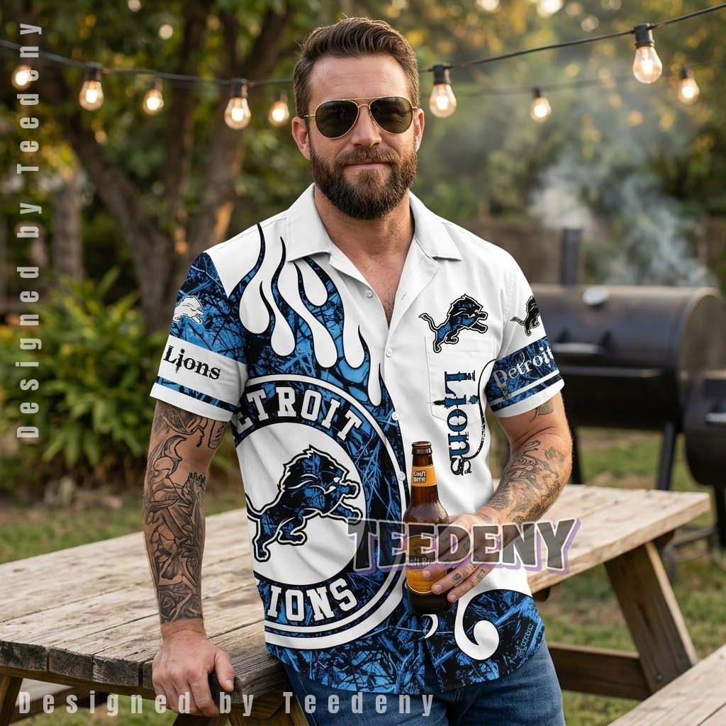 Personalized Detroit Lions Flame Hawaiian Shirt Front
