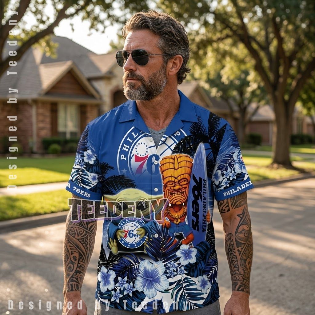 Philadelphia 76ers Baby Yoda Tiki Hawaiian Shirt Front