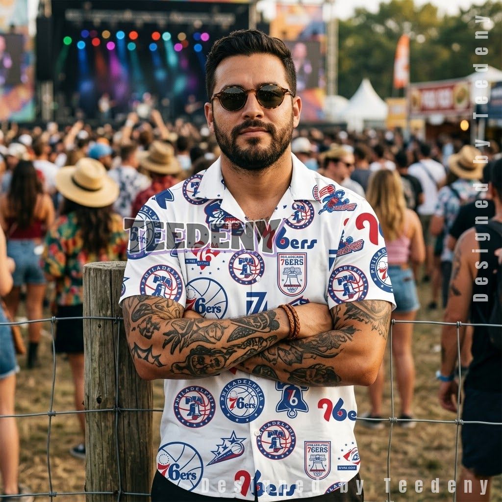 Philadelphia 76ers Multi Logo Hawaiian Shirt Front