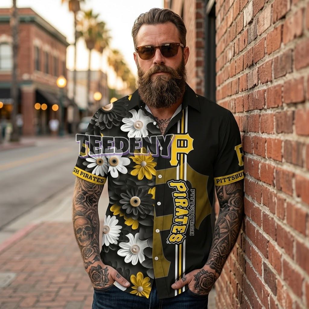 Pittsburgh Pirates Gerbera Stripe Aloha Shirt Front