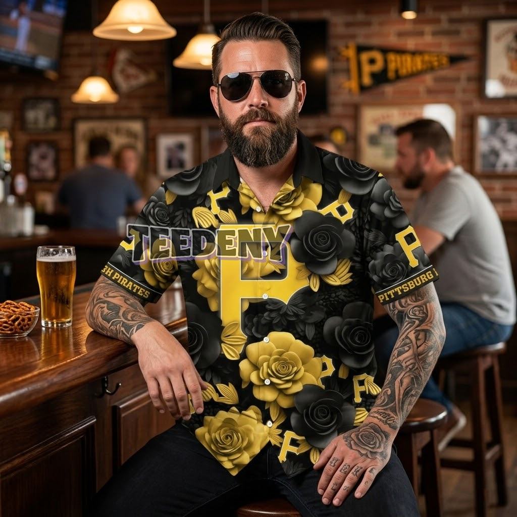 Pittsburgh Pirates Gold Black Rose Tropical Shirt Front