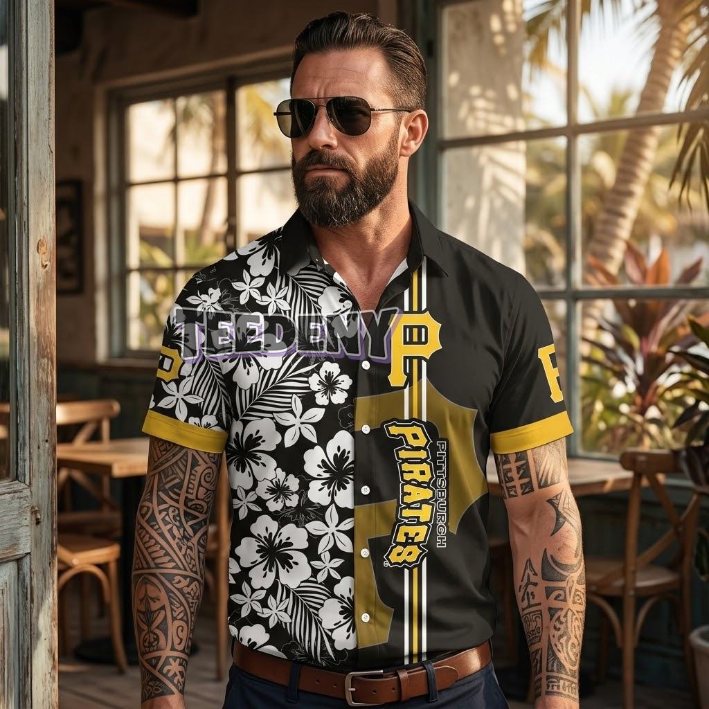 Pittsburgh Pirates Hibiscus Monochrome Aloha Shirt Front