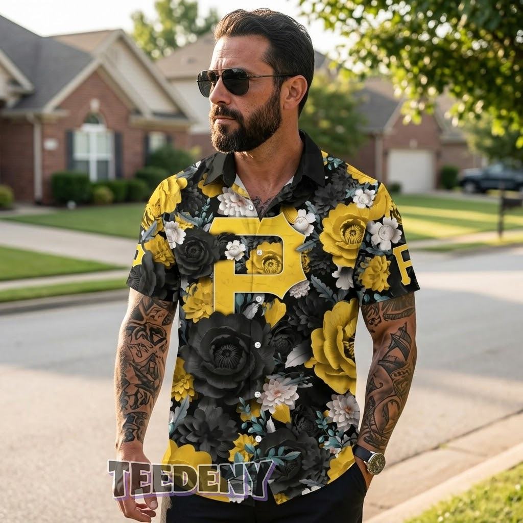 Pittsburgh Pirates Yellow Black Peony Hawaiian Shirt Front
