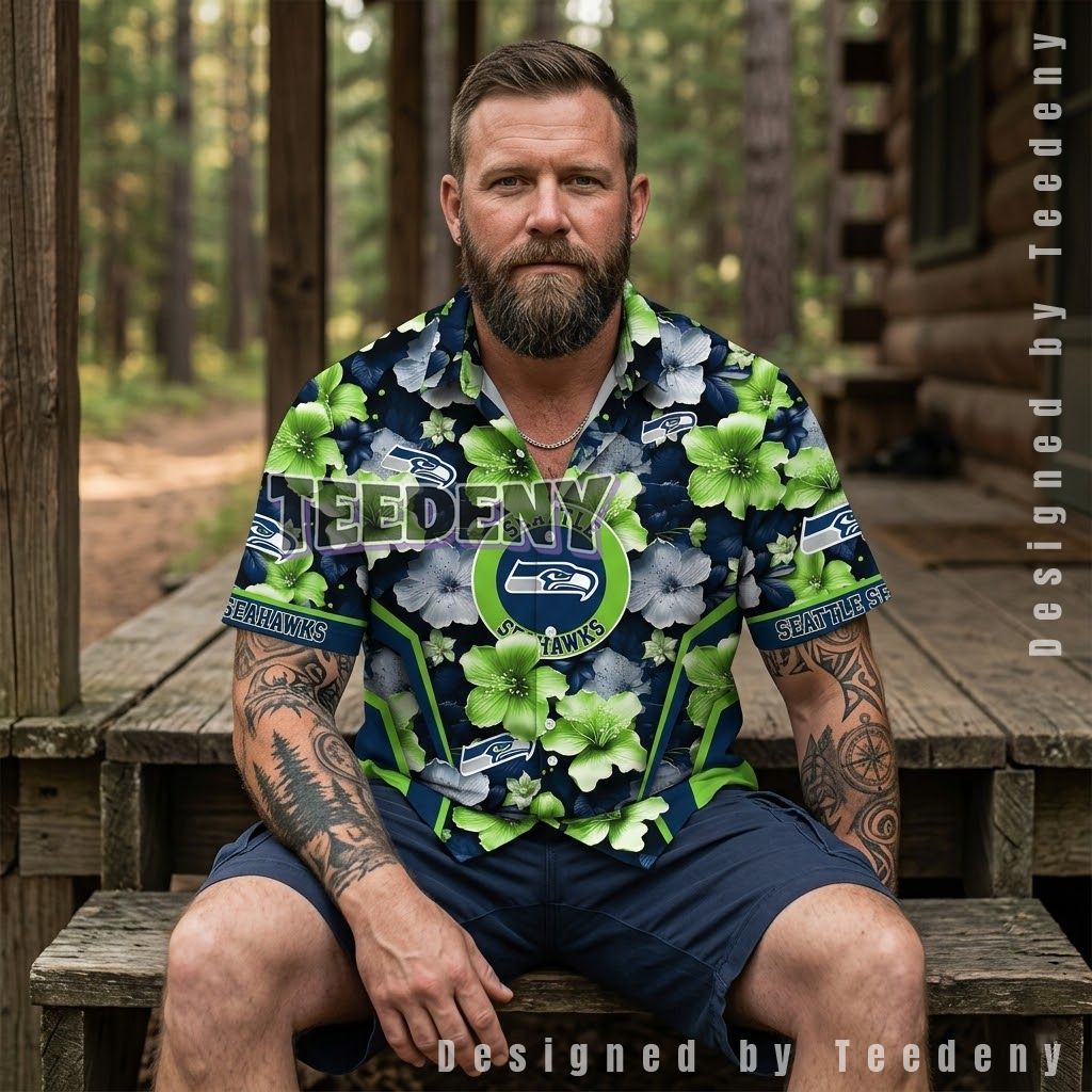 Seattle Seahawks Neon Hibiscus Hawaiian Shirt Front