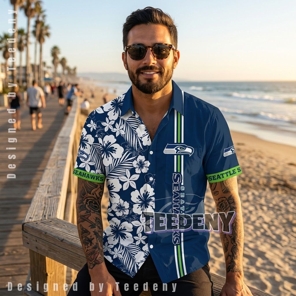 Seattle Seahawks Split Floral Aloha Shirt Front