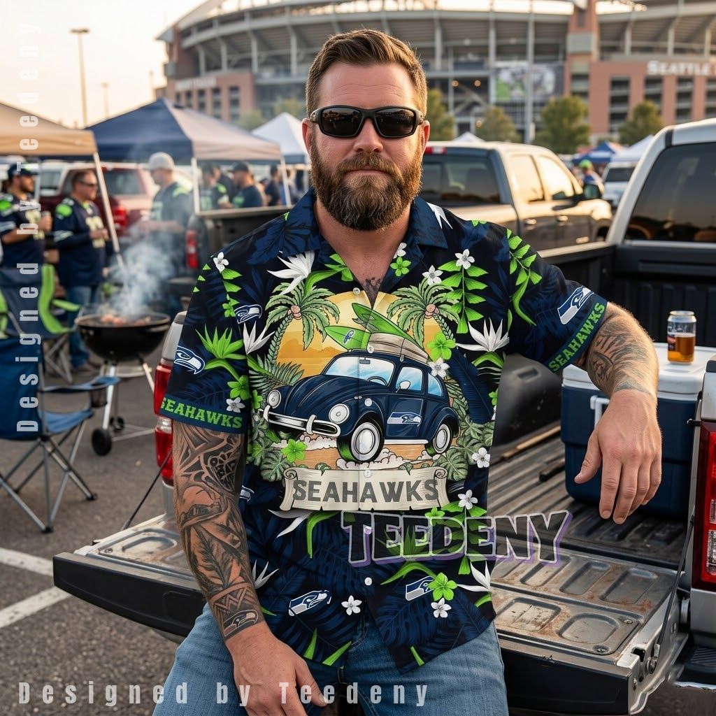 Seattle Seahawks Surf Car Aloha Shirt Front