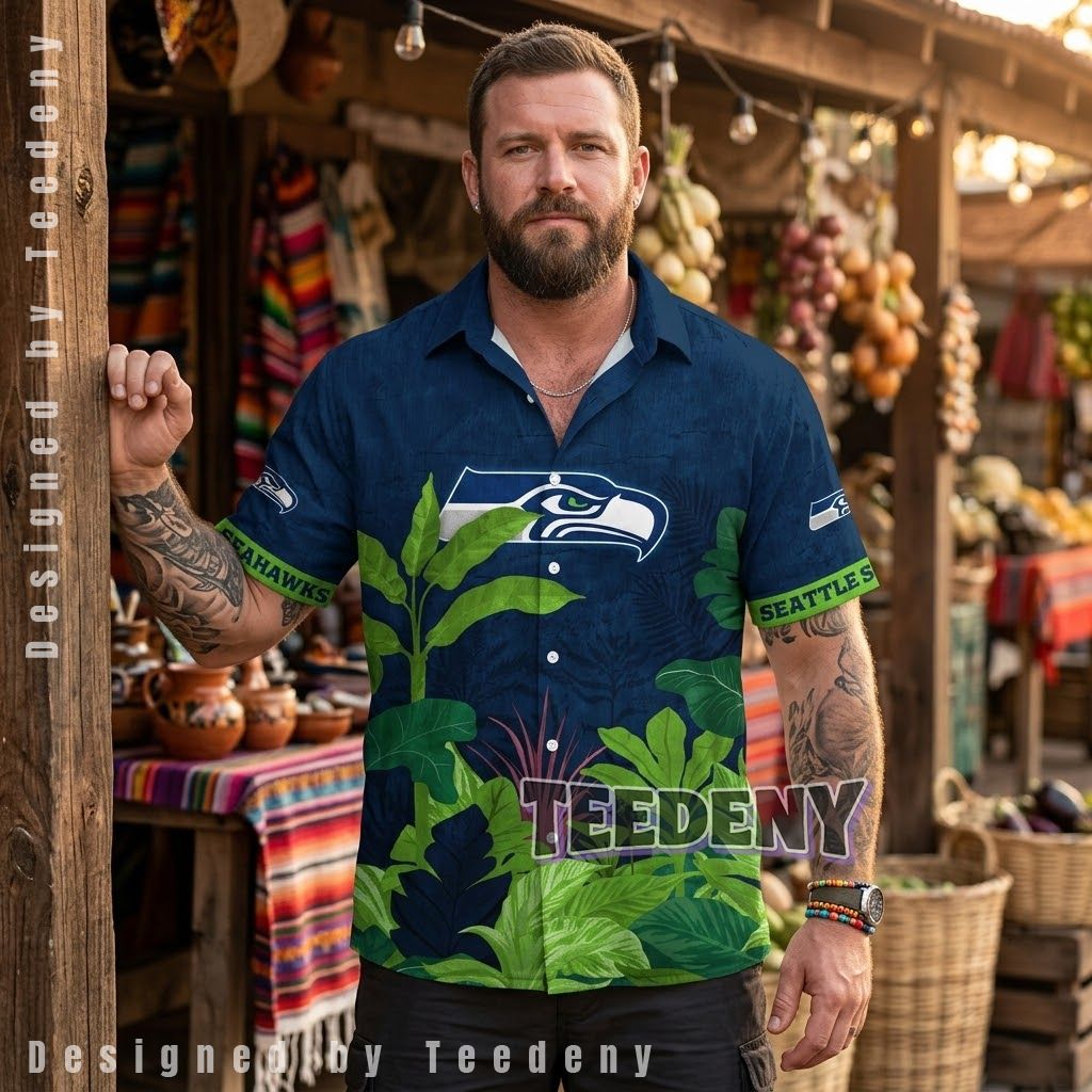 Seattle Seahawks Tropical Foliage Aloha Shirt Front