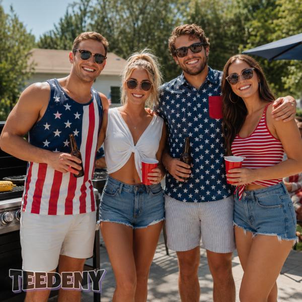 American Friends Wearing Patriotic Summer Apparel Outdoors