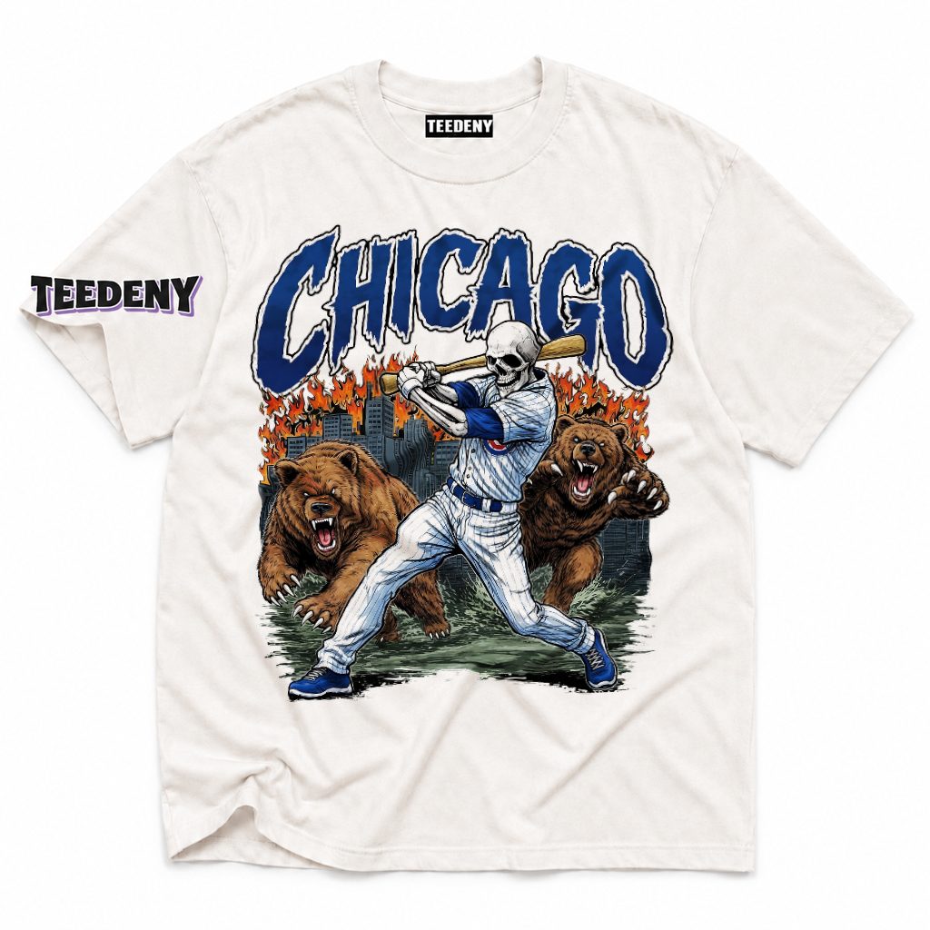 Chicago Cubs Baseball Skeleton Batter Angry Bear Flame Vintage T-Shirt